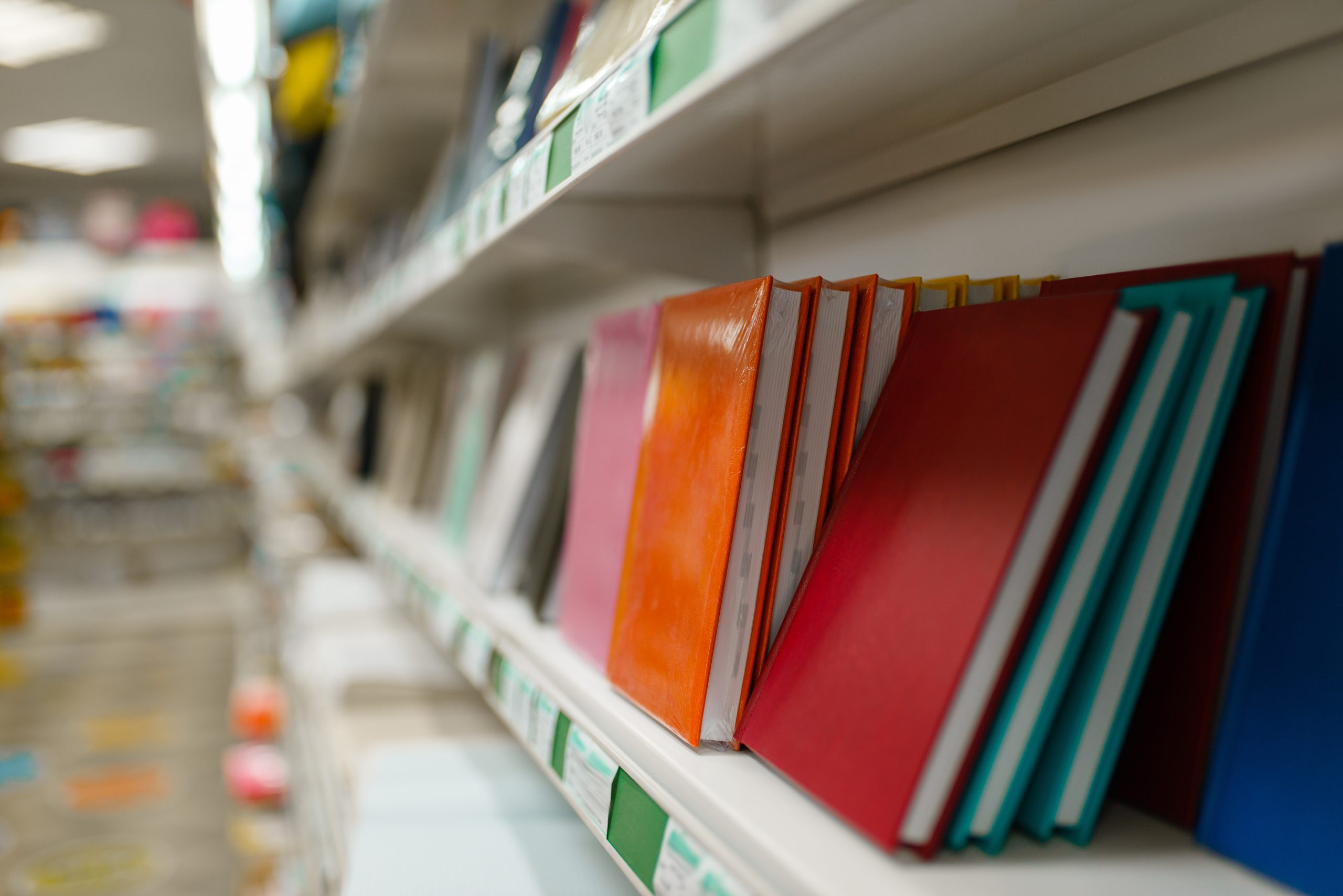 Shelf with datebooks in stationery store, nobody